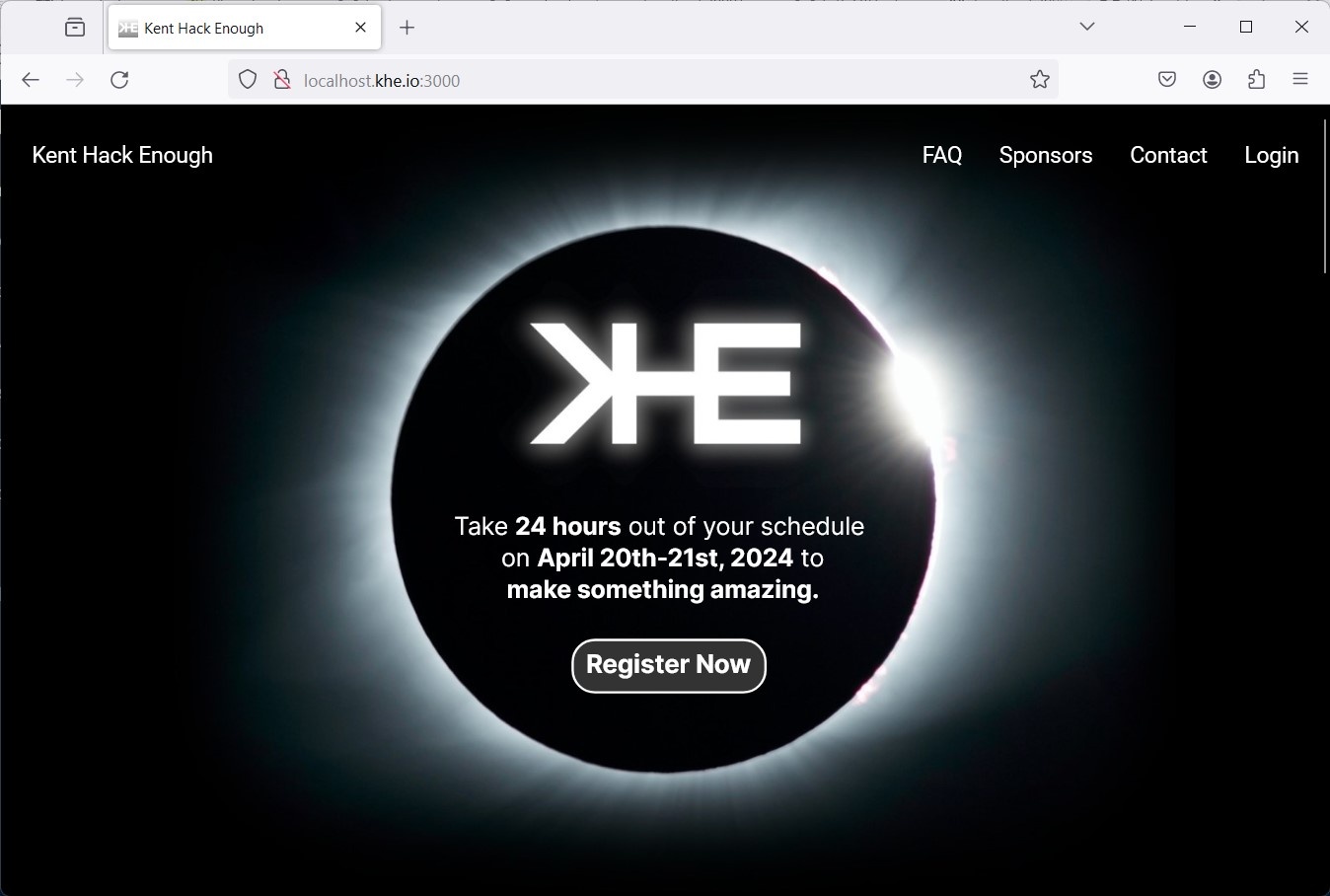 A screenshot of Firefox open to a website that is displaying a black-and-white photo of a solar eclipse. The text superimposed over the center of the eclipse reads: "KHE; Take 24 hours out of your schedule on April 20th-21st, 2024 to make something amazing." There is a button below the text that says "Register Now."