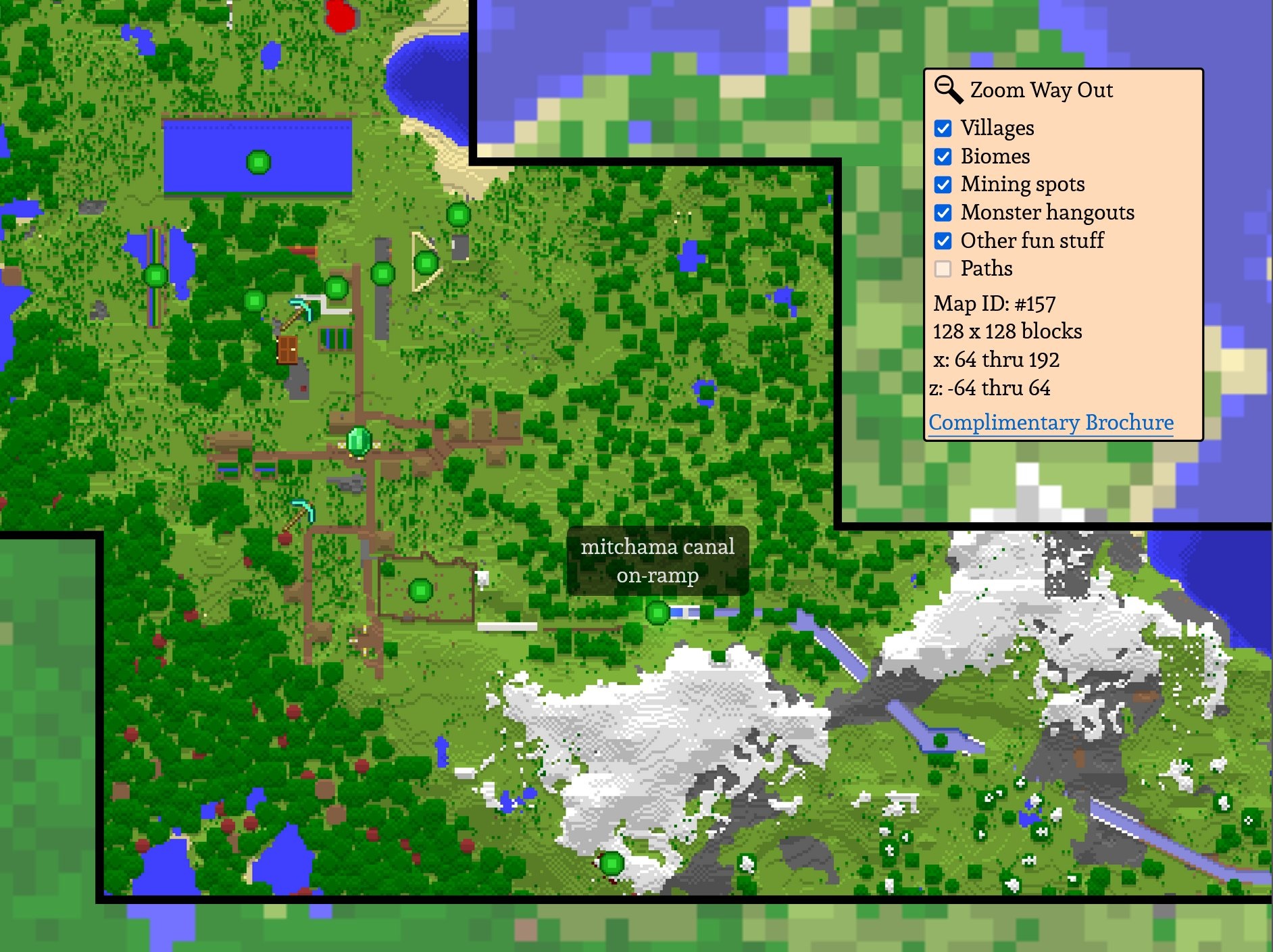 A detailed pixel-art map of a small forest and village with an irregularly-shaped black outline. Outside of the outline, a lower-resolution faded map is visible. In a box on the top right has controls such as "Zoom Way Out" as well as a listing of some coordinates.